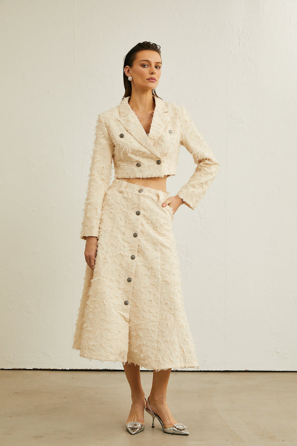 Karine white fringed jacket & skirt matching set