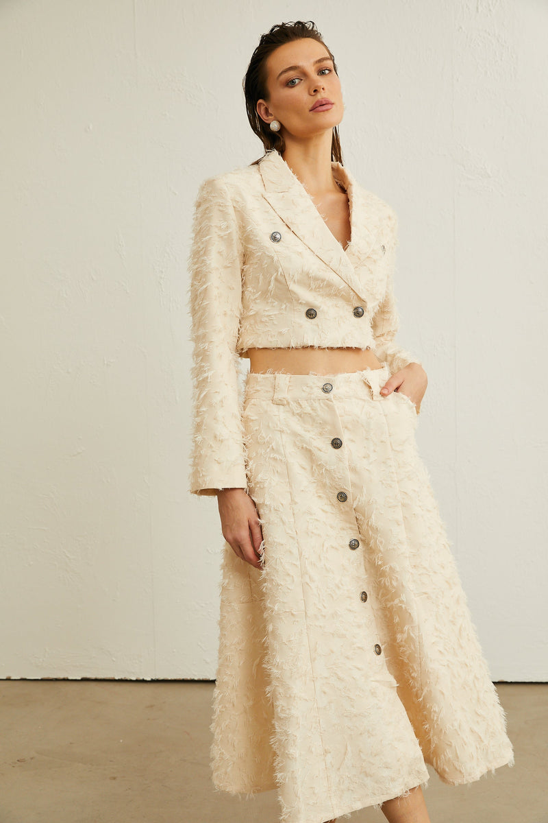 Karine white fringed jacket & skirt matching set