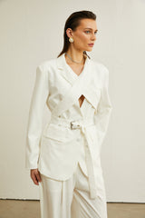 Jasmine white neck-tie wrapped blazer