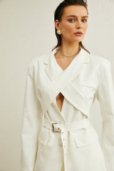 Jasmine white neck-tie wrapped blazer