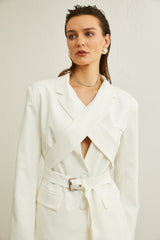 Jasmine white neck-tie wrapped blazer