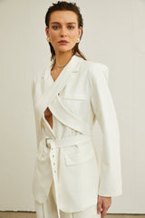 Jasmine white neck-tie wrapped blazer