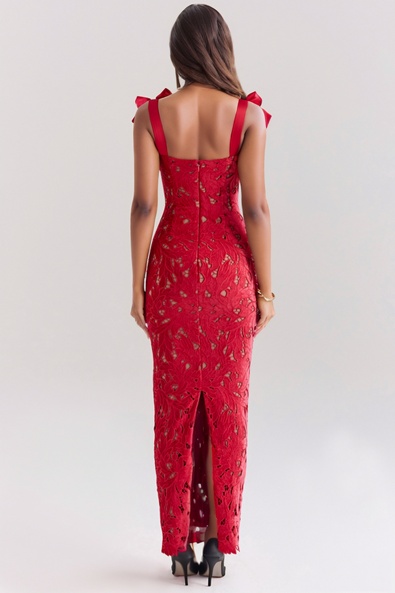 hermosa Bow Strap Embroidered Lace Maxi Dress in red