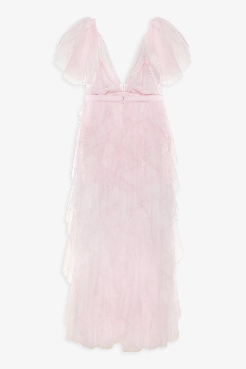 ruffle tulle atop floral lace mini dress in pink