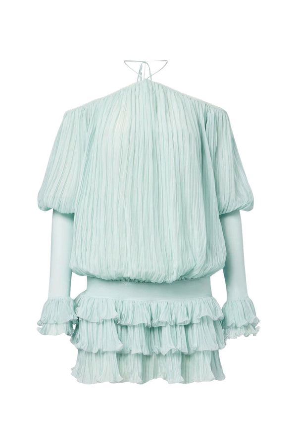 Halter Pleated Ruffle Mini Dress in green