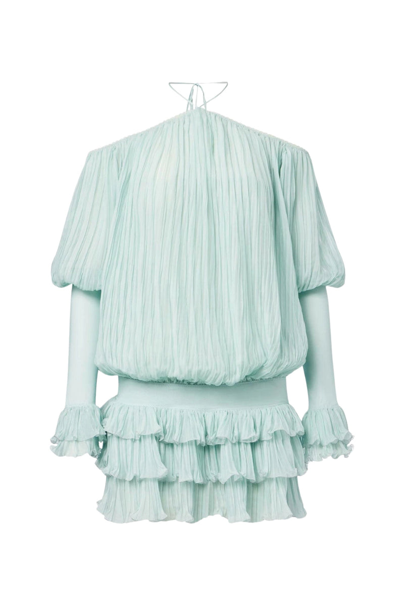 Halter Pleated Ruffle Mini Dress in green