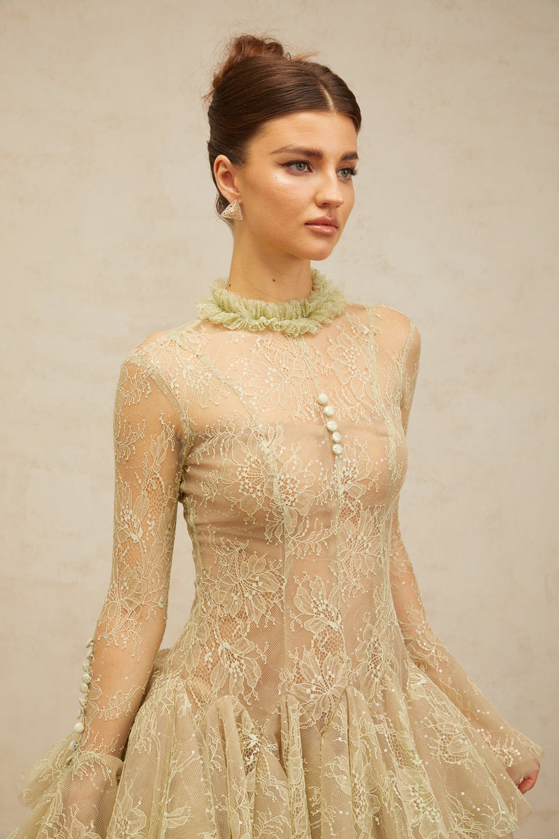 Green Embroidered Flared Mini Dress