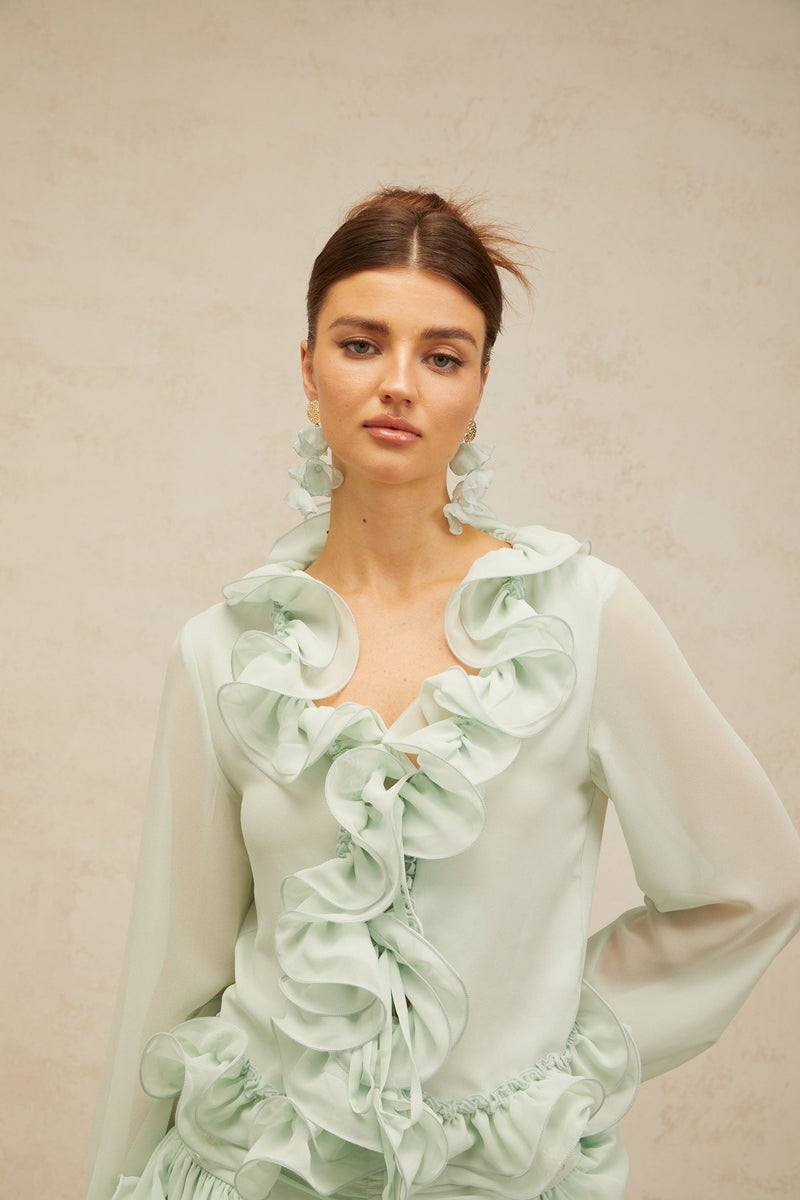 flounced chiffon blouse & skirt matching set in mint
