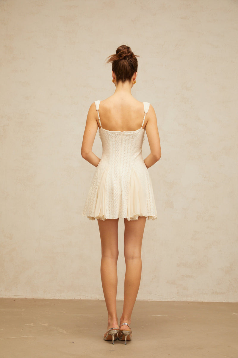 atalanta embellished flared mini dress in cream-white