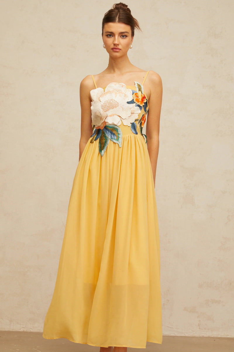joann Appliqué Camellia Floral Maxi Dress in yellow