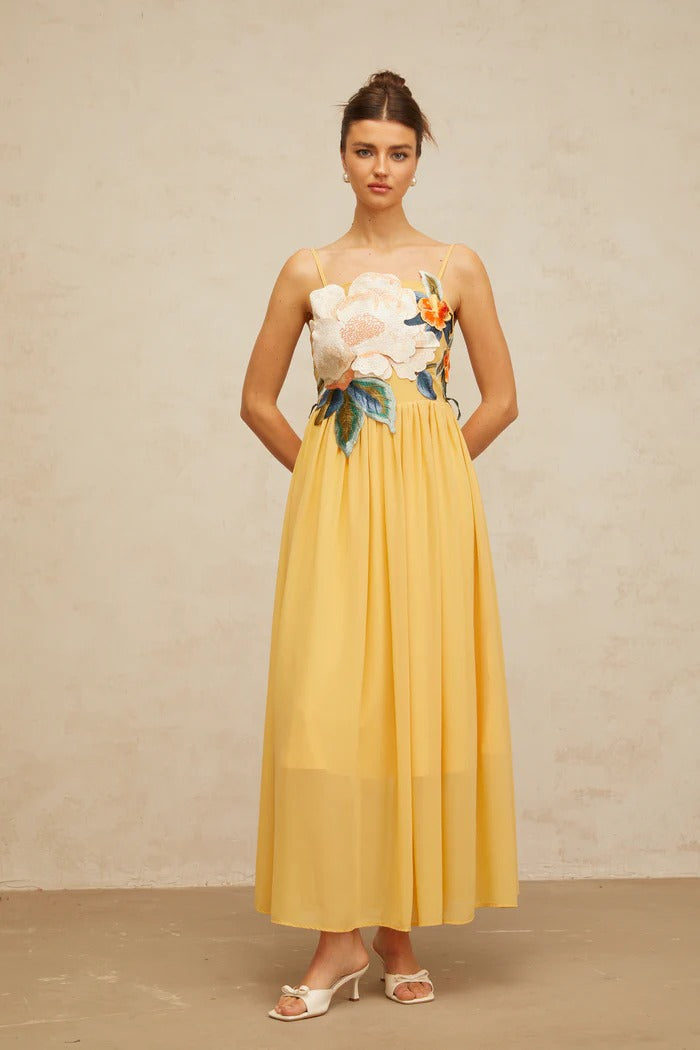 joann Appliqué Camellia Floral Maxi Dress in yellow
