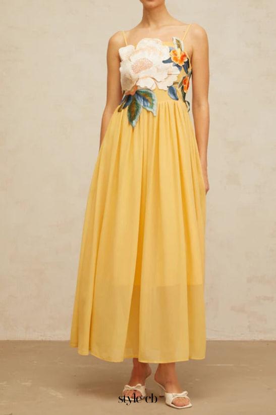 joann Appliqué Camellia Floral Maxi Dress in yellow