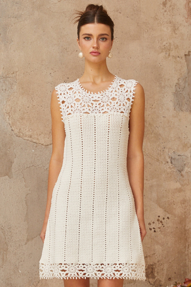 Floral Crochet Mini Dress in white