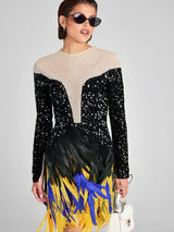 feather embellished sequin mini dress in black