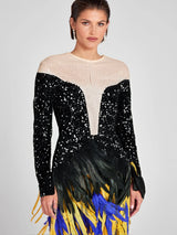 feather embellished sequin mini dress in black