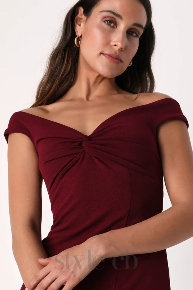 Behold My Love Burgundy Off-The-Shoulder Twist-Front Maxi Dress