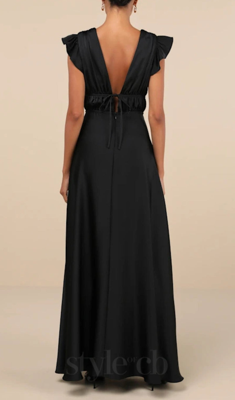 SATIN CUTOUT RUFFLED MAXI DRESS