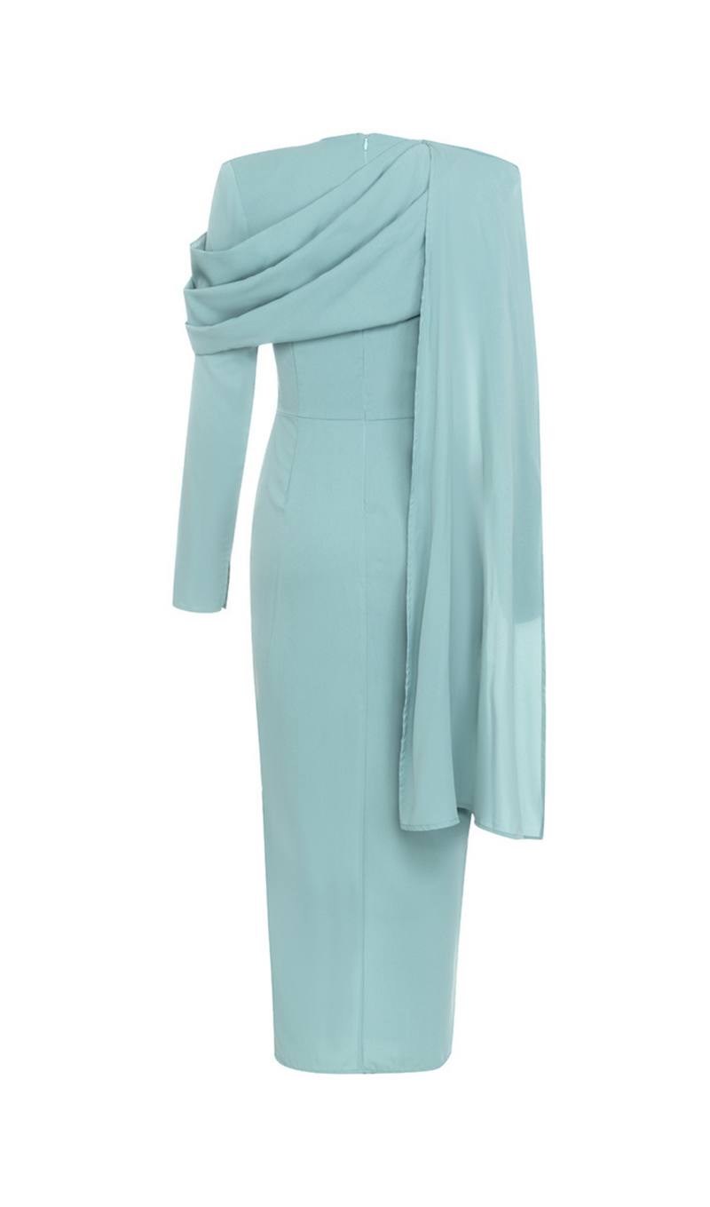 GRAY AND BLUE SINGLE-BREASTED BUTTON LONG-SLEEVED FRILL V-NECK RIBBON MIDI DRESS