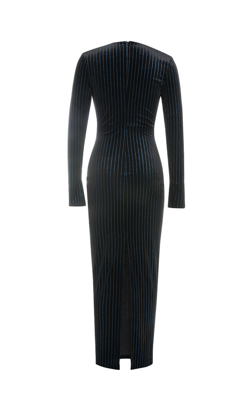 LOW-CUT LONG-SLEEVED STRIPED BODYCON MAXI DRESS