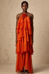 Carrie orange halterneck flounced maxi dress