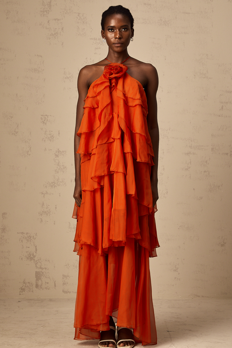 Carrie orange halterneck flounced maxi dress