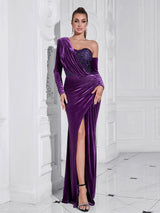 one shoulder sequin-embellished velvet maxi dress in purple