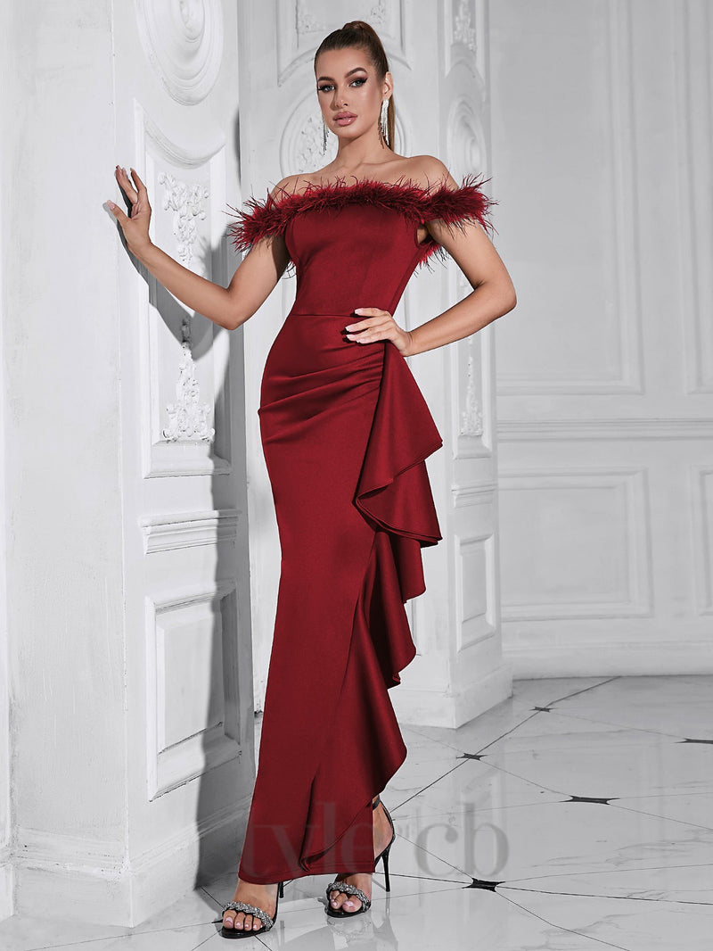 Draped Sheath feather detail maxi Dress in red