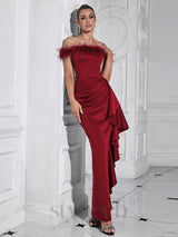 Draped Sheath feather detail maxi Dress in red