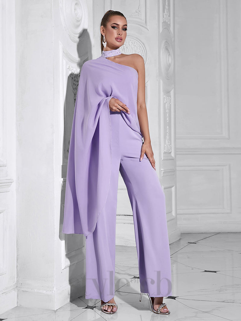 halter shawl jumpsuit in purple