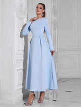 long sleeve satin a-line maxi dress in blue