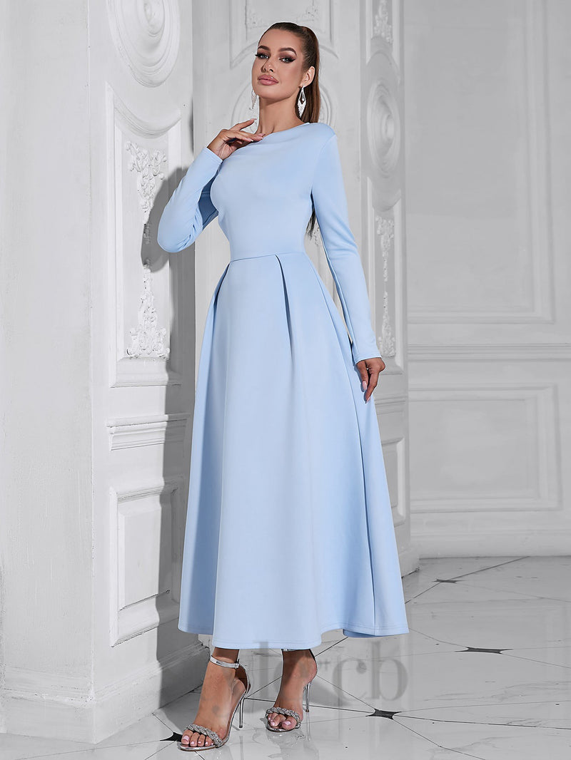 long sleeve satin a-line maxi dress in blue