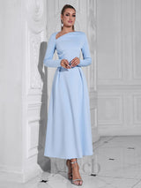 long sleeve satin a-line maxi dress in blue