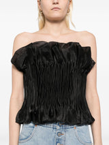 print ruffle trim top in black