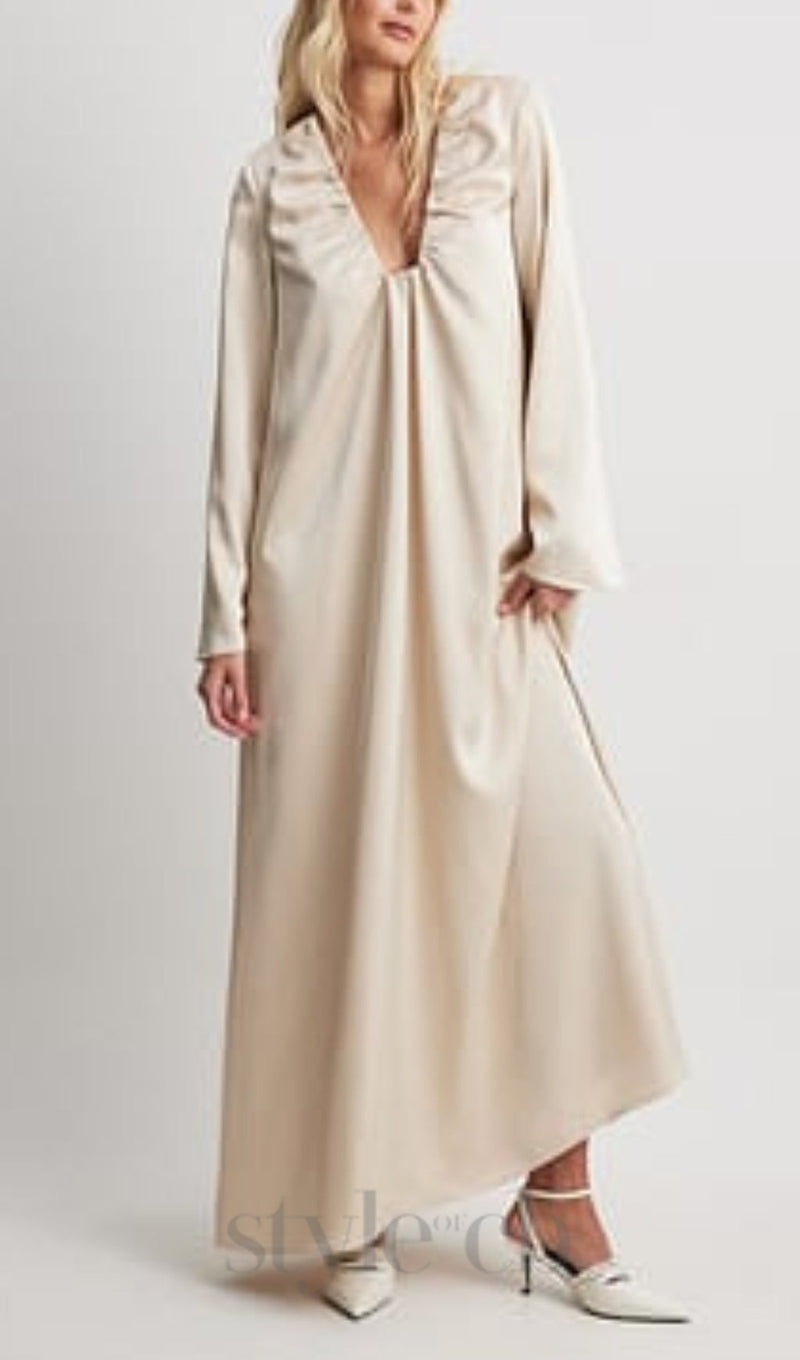 SATIN GATHERED NECKLINE MAXI DRESS