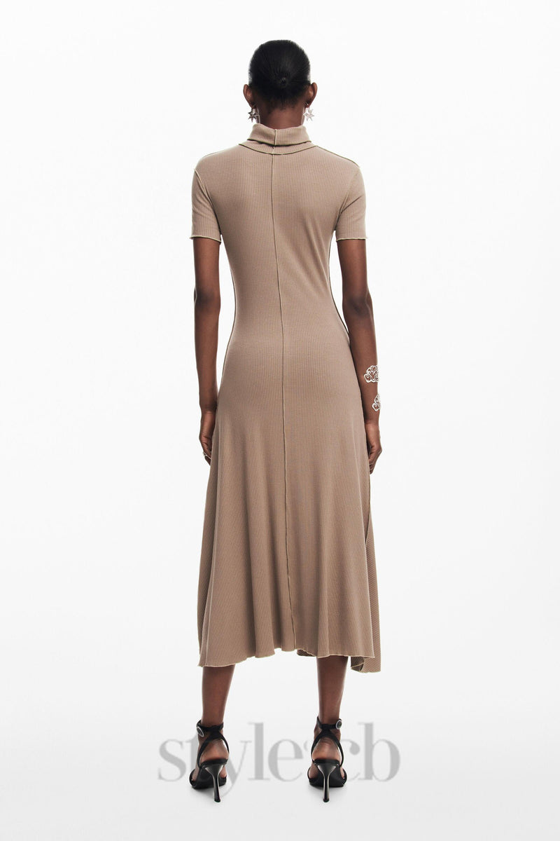 camel bodycon midi dress with high neck