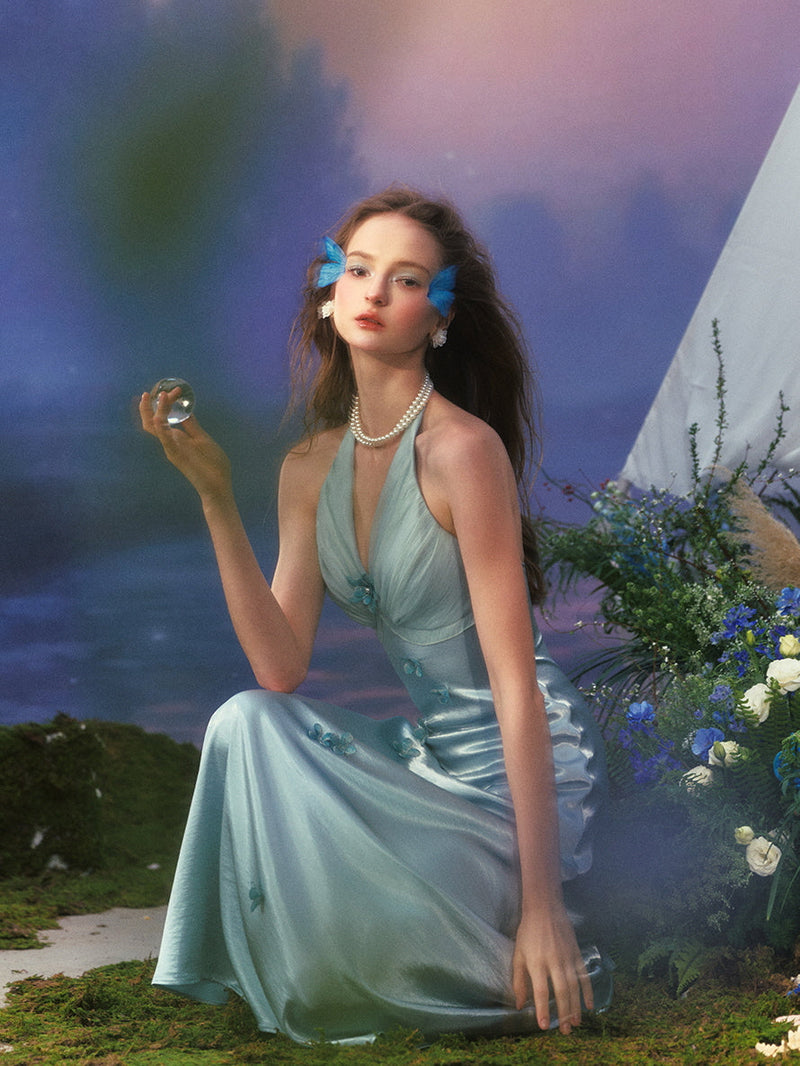 Butterfly Princess Halter midi Dress in light blue