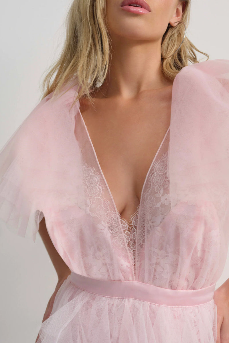 ruffle tulle atop floral lace mini dress in pink