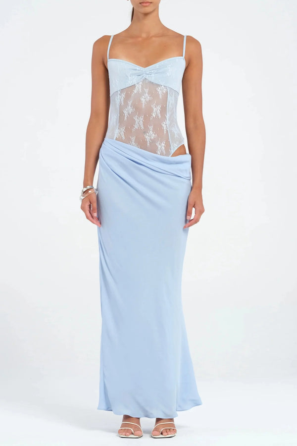 Hollow pleated suspenders with ruffles maxi dress in blue