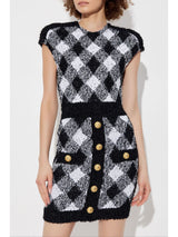 button-embellished plaid texture mini dress