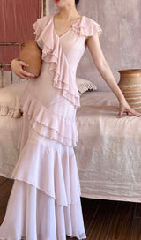 RUFFLED MAXI DRESS IN PALE PINK