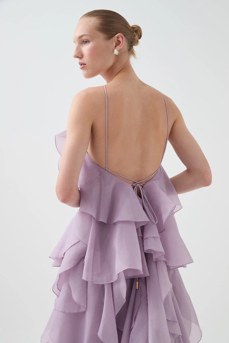 off-shoulder ruffle Layered Maxi Dress in purple