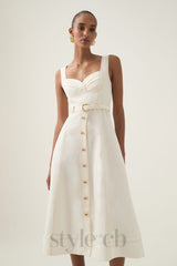 sweetheart neckline belted midi dress in ivory