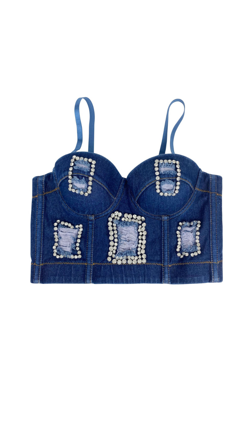 DISTRESSED BREATHABLE DIAMOND-ENCRUSTED FISHBONE CAMISOLE