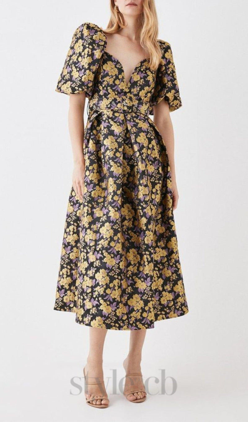 FLORAL JACQUARD PUFF SLEEVE DRESS