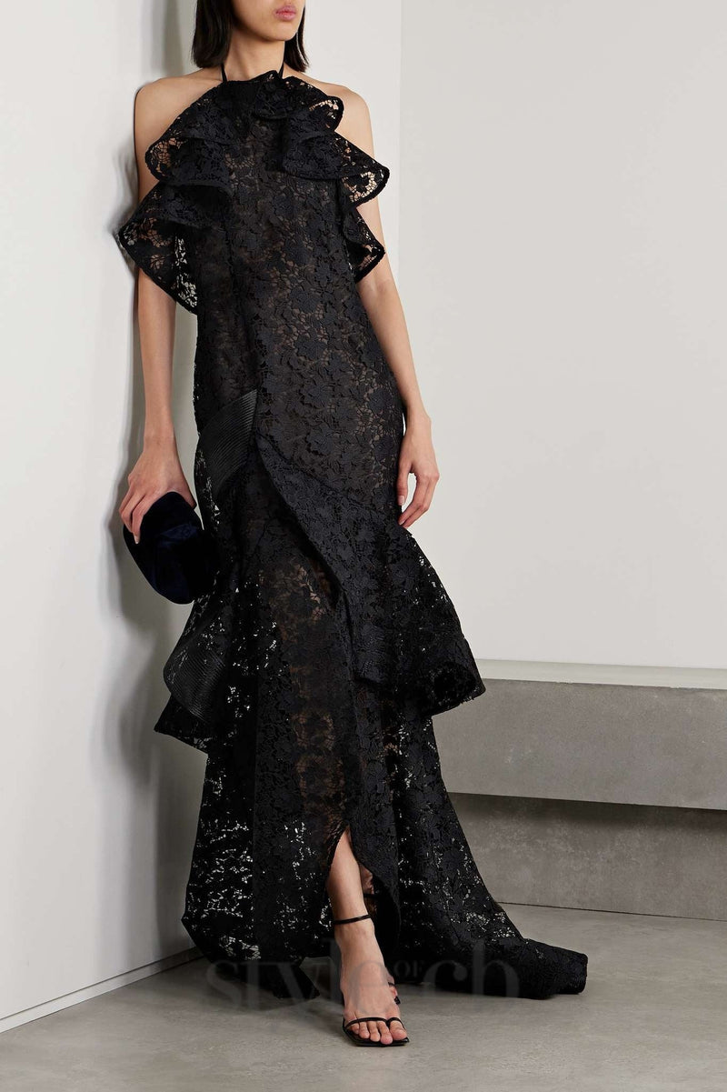 LYNN GARDENIA GUIPURE LACE RUFFLE GOWN IN BLACK