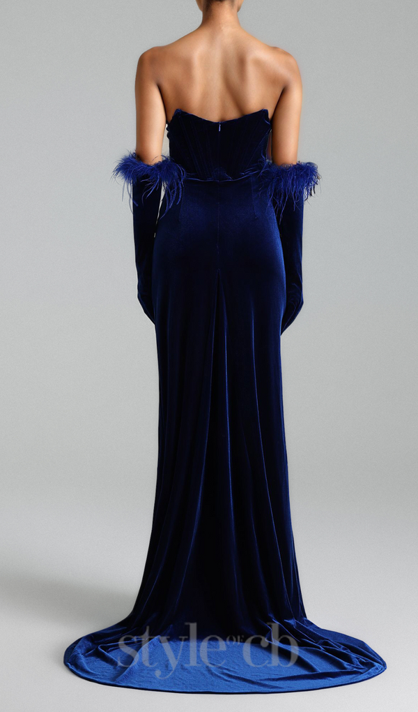 RAE VELVET SLIT STRAPLESS MAXI DRESS IN DARK BLUE