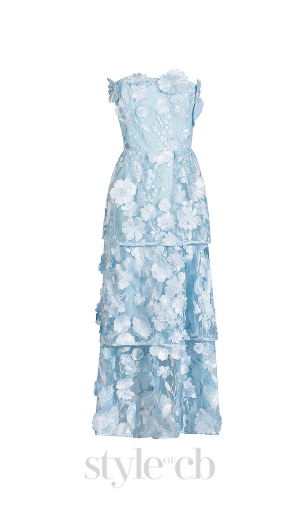 Selene 3D flower Tiered Maxi Dress In Blue