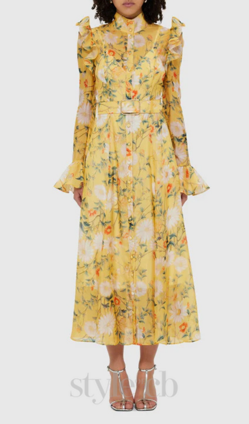 Daisy Print Butterfly Sleeve Midi Dress in yellow