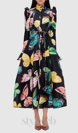 BUTTERFLY SLEEVE PAPILLON PRINT MIDI DRESS IN BLACK