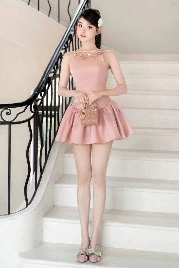 crystal embellished vest mini dress in pink